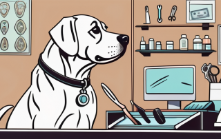 A dog sitting in a vet's clinic with a worried expression