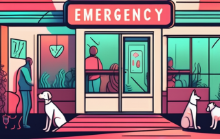 A veterinary clinic with a glowing neon sign indicating it's open for emergency services