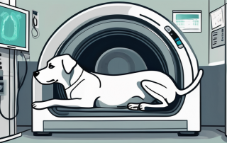 A dog lying peacefully inside a ct scanner in a veterinary clinic