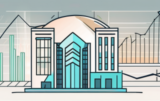 A corporate building with a safety shield symbolizing protection