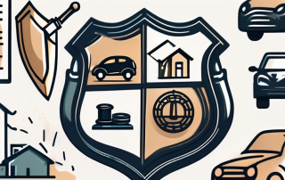 A robust shield encompassing various symbolic icons of a house