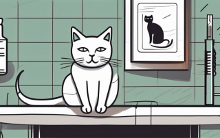 A cat sitting on a vet's examination table with a vaccine syringe nearby