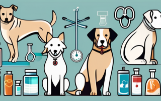 Several different breeds of dogs standing next to a variety of medical symbols