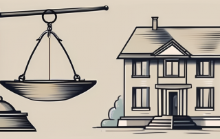 A balanced scale with a gavel on one side and a house (representing estate) on the other