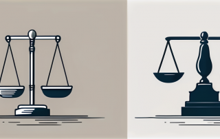 A balance scale where one side is weighted down with a gavel (symbolizing court costs) and the other side is lightened by a safety shield (symbolizing legal protection insurance)