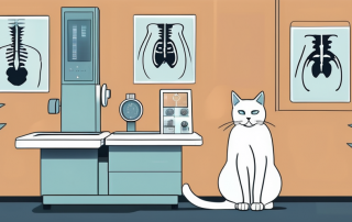 A cat sitting patiently in front of an x-ray machine in a veterinarian's office