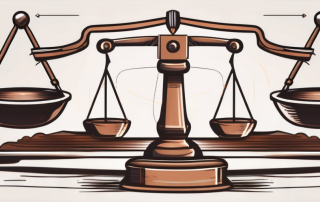 A balanced scale with a gavel on one side and an insurance policy on the other