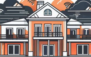 A residential building with a safety shield symbol overlaying it