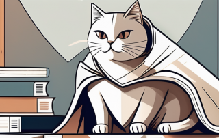 A cat wearing a safety helmet and a cape