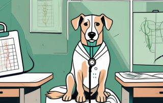 A concerned dog wearing a hospital gown