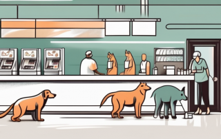 A vet clinic with various animals waiting in line