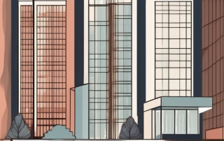 Several office buildings with a balance scale on top