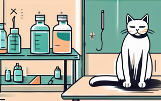 A cat sitting on a vet's examination table with a vaccine syringe nearby