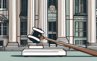 A balance scale with a government building on one side and a shield symbolizing protection on the other