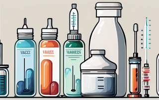 A dog sitting next to four different types of vaccines