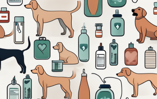 Several different breeds of dogs sitting in front of a variety of health-related items like a stethoscope