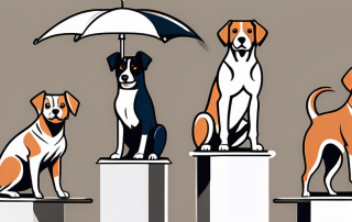 Several different dogs each standing on a pedestal with a symbolic representation of insurance