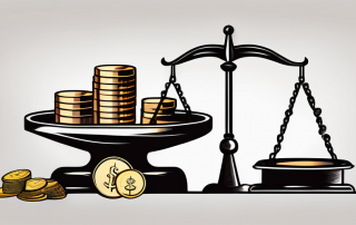 A balance scale with legal documents on one side and a pile of coins on the other