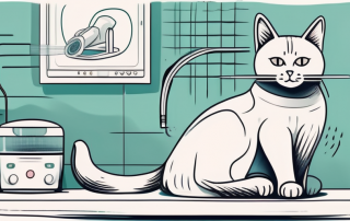 A cat sitting calmly on a vet examination table with an ultrasound machine nearby