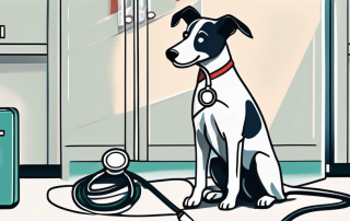 A healthy dog playing with a stethoscope and a medical kit