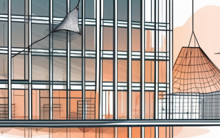 A corporate building with a safety net underneath