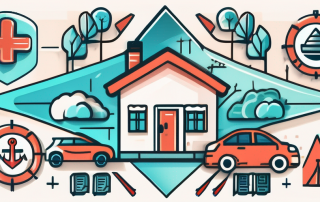 A cross symbol surrounded by various insurance-related icons like a house