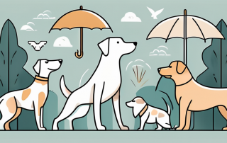 A variety of different dog breeds playing safely in a park