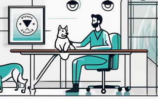 A veterinarian office with a pet on the examination table and a symbolic representation of an insurance policy