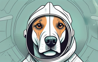 A dog wearing a protective surgical suit