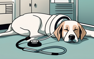 A dog lying down calmly in a veterinarian's office