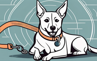 A dog with a leash attached to a symbolic representation of an insurance policy