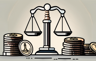 A balanced scale with a gavel on one side and a stack of coins on the other