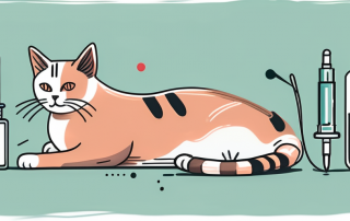 A cat sitting next to a veterinary syringe and a pill