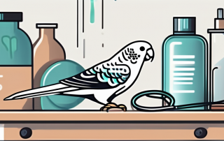 A budgie perched on a veterinary examination table with various medical tools like a stethoscope and thermometer nearby