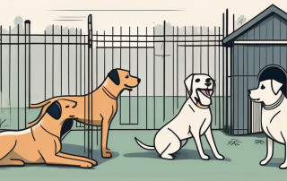 Several different breeds of dogs happily playing in a secure and safe environment