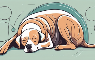 A dog peacefully lying on its side with a symbolic representation of a magnifying glass focusing on its stomach area