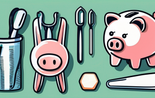 A dental insurance policy card next to a variety of dental tools and a piggy bank
