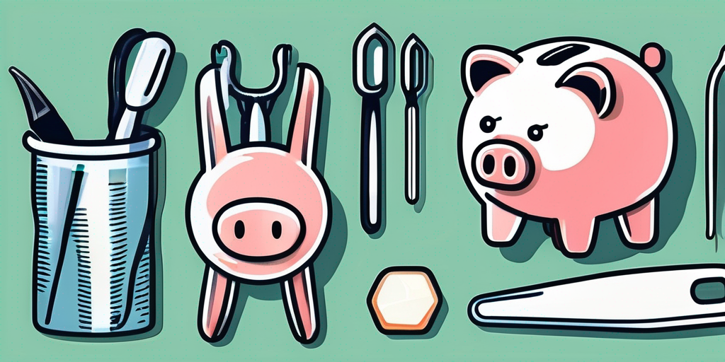 A dental insurance policy card next to a variety of dental tools and a piggy bank