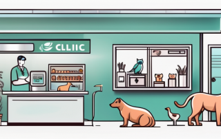 A veterinary clinic with various animals waiting in line