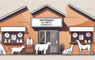 A veterinary clinic with various animals waiting in line