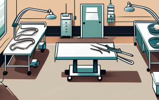 A veterinary operating room with various surgical tools neatly arranged