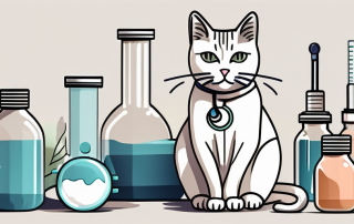 A cat sitting next to a variety of vaccines and a vet's stethoscope