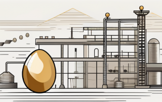 A large scale balancing on one side with a golden nest egg (symbolizing retirement savings) and on the other side a factory (symbolizing the employer)