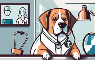 A dog wearing a stethoscope sitting next to a veterinary clinic