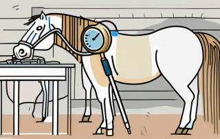 A horse undergoing a bronchoscopy procedure with a visible insurance policy document and a symbolic representation of cost coverage