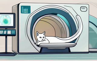 A cat lying calmly inside a ct scanner in a veterinary clinic setting