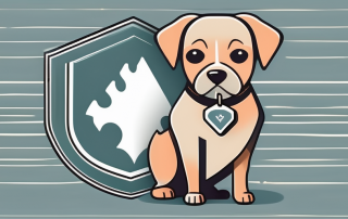 A dog wearing a tag with the symbol of an insurance shield