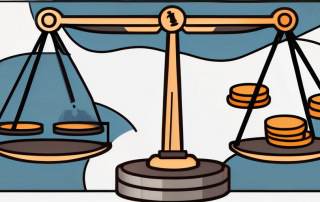 A balanced scale with coins on one side and a gavel on the other