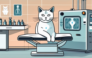 A cat sitting on a vet's examination table with an x-ray machine nearby