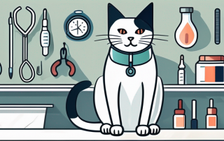 A cat sitting on a vet examination table with various medical tools in the background